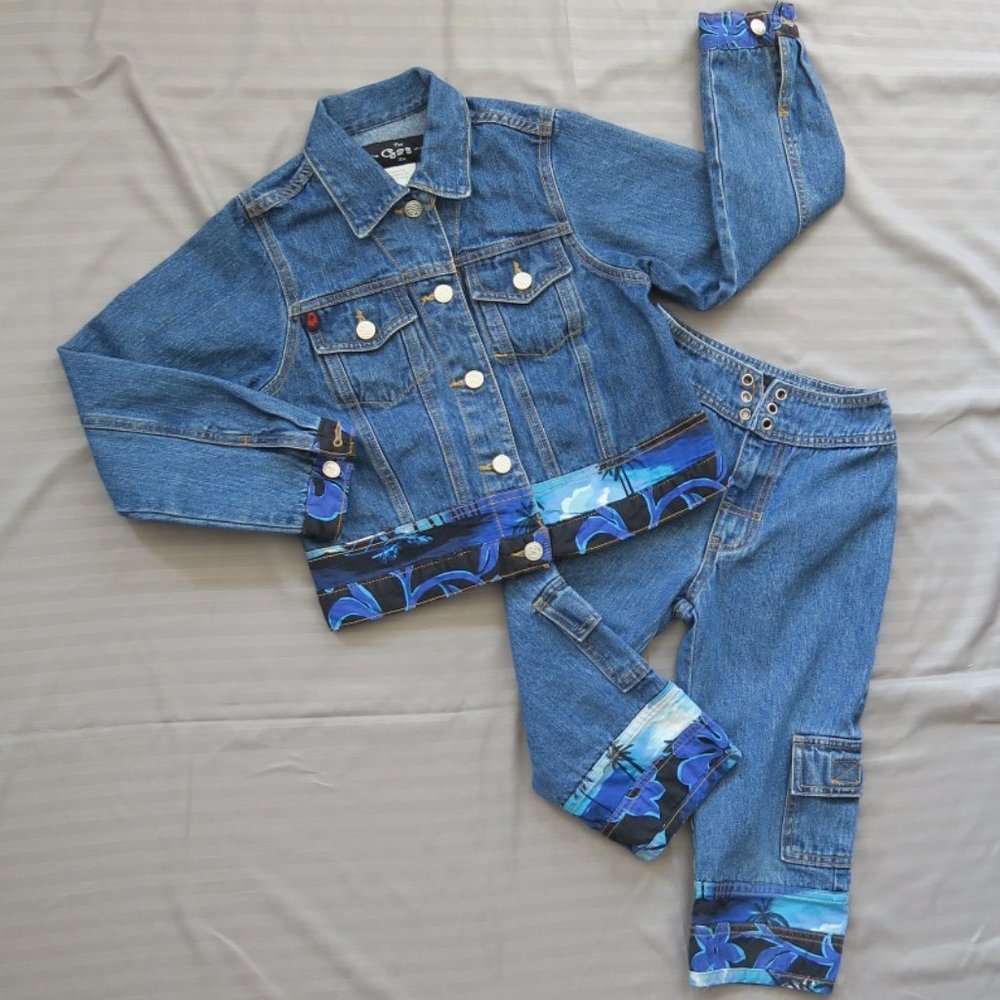 Very Cool! Girls Denim Jacket/Capri Matching Outfit w/Tropical-Hawaiian Trim Sz7
